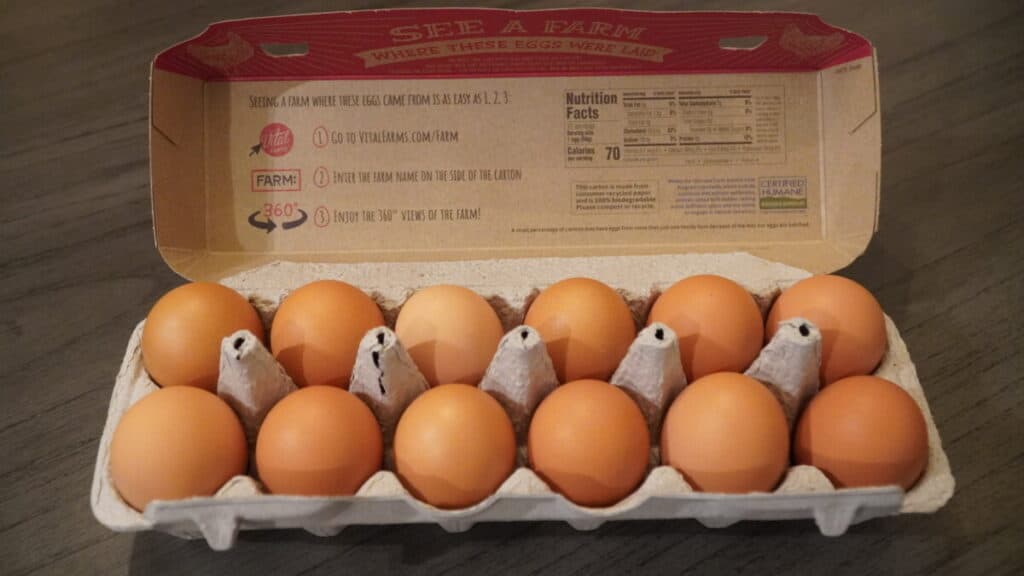 Carton of one-dozen pastured, brown eggs.