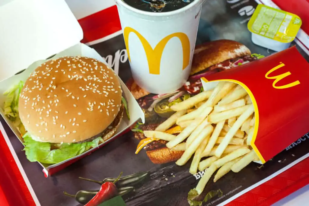 Big Mac hamburger, fries, and drink in McDonald's cup on tray.