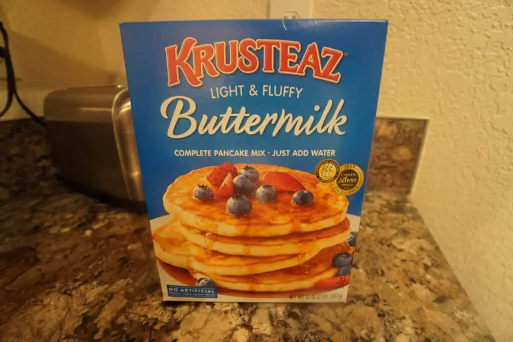 Box of Krusteaz light & fluffy buttermilk complete pancake mix.