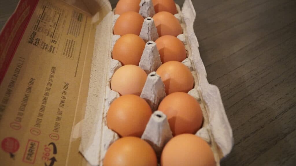 Carton of one-dozen pastured, brown eggs.