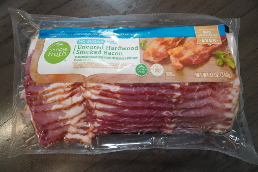 Package of store-bought uncured hardwood smoked bacon.