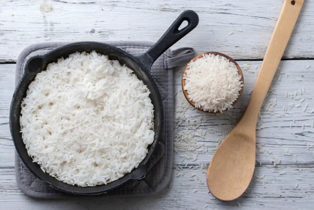 White rice cooked in skillet.