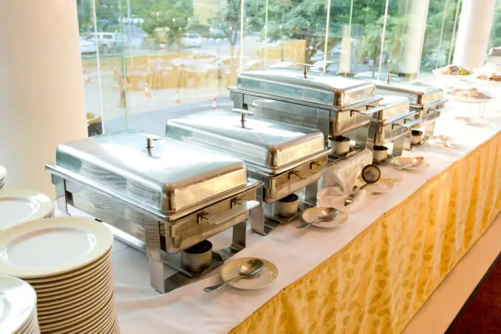 Chafing dishes on a buffet table