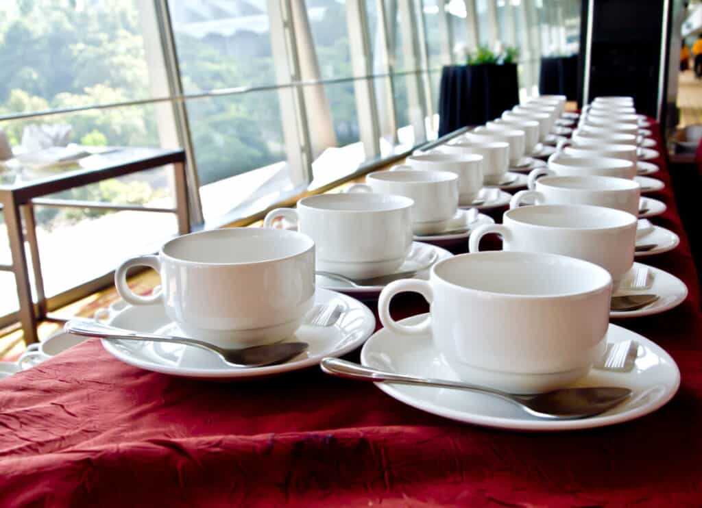 Rows of coffee cups for a party
