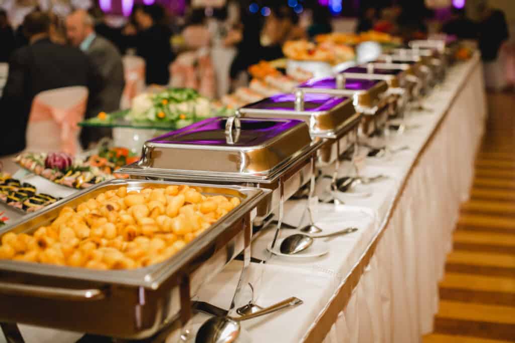 Chafing dishes with food for a wedding
