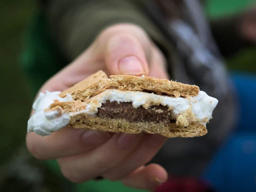 S'more with smooshed marshmallows in woman's hand