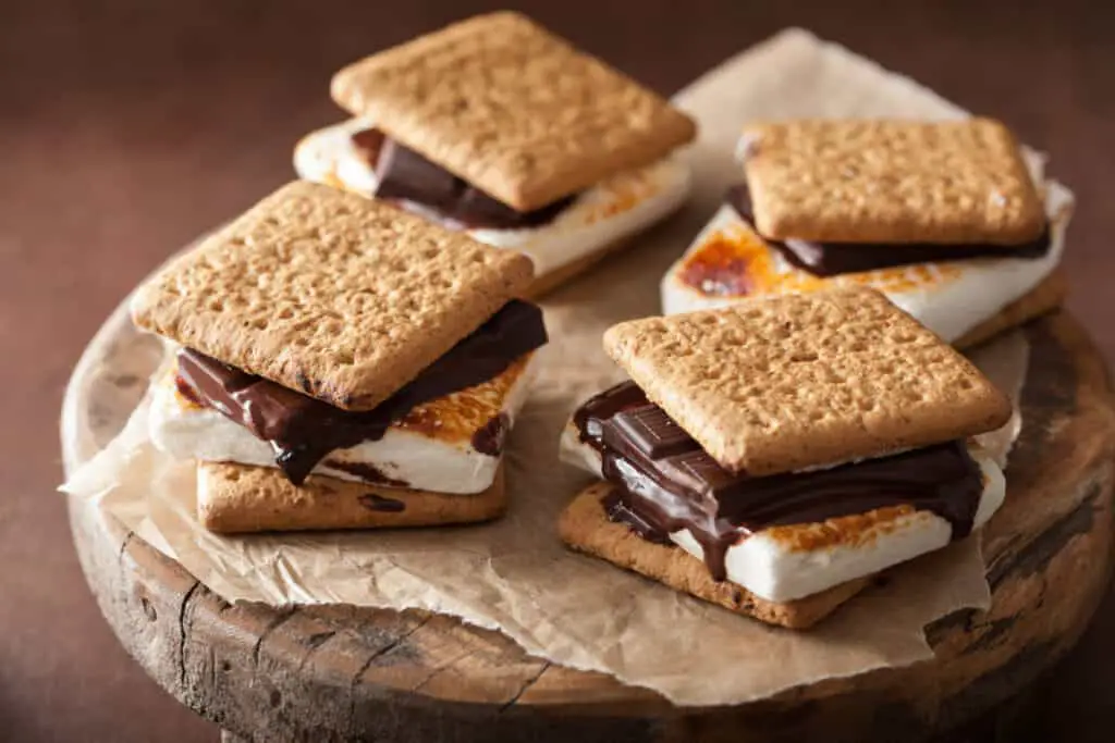 S'mores with gooey marshmallows, graham crackers, and gooey chocolate