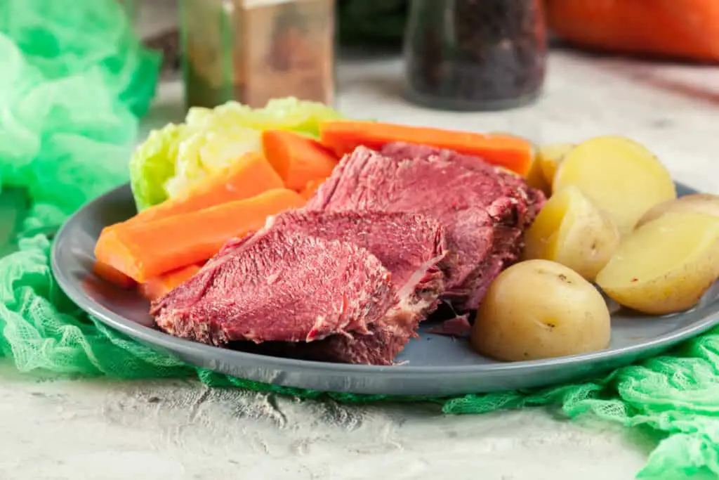 Traditional Irish tradition of cabbage, corned beef with potatoes, carrots and onions