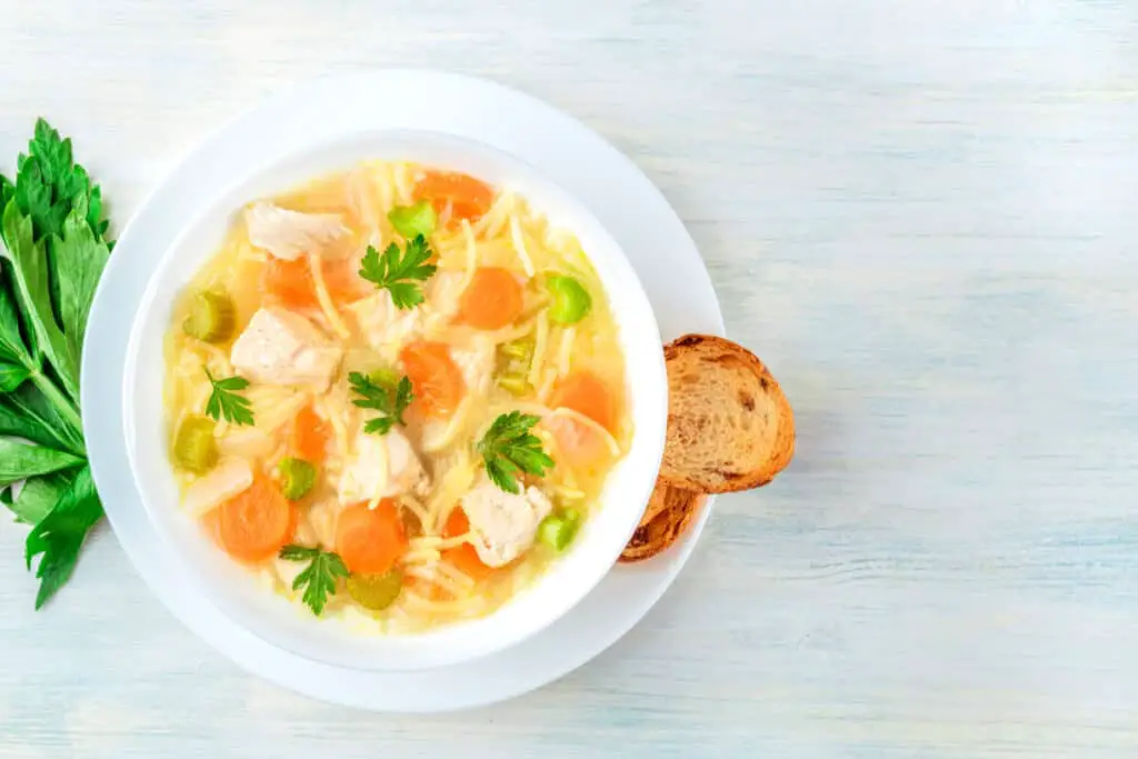 Chicken noodle soup with carrots and celery in a bowl