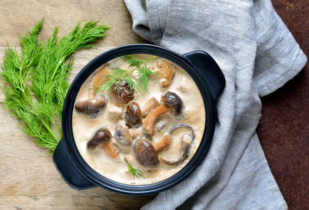 Cream of mushroom soup in a black bowl