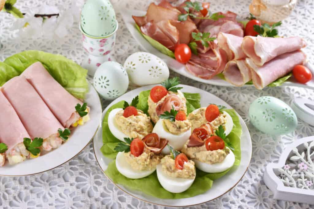 Deviled eggs and deli meat appetizers for Easter