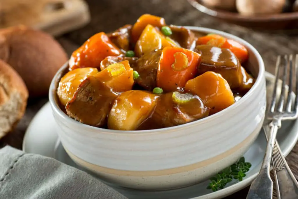 A delicious bowl of rich and hearty beef stew with potatoes and carrots