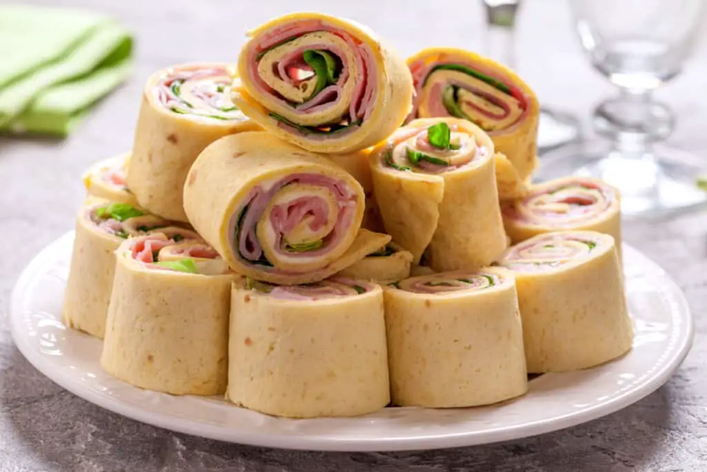 Ham, cheese, and lettuce pinwheel sandwiches