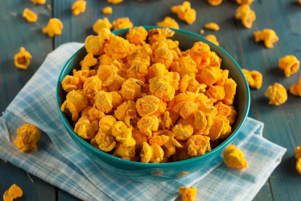 Homemade cheddar cheese popcorn in a bowl