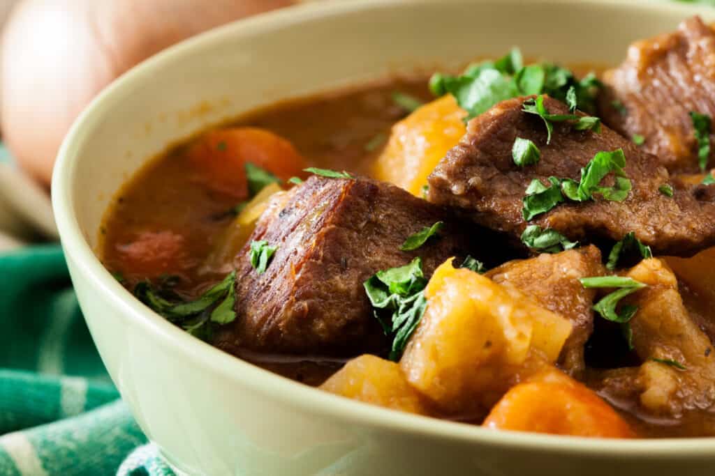 Irish stew made with beef, potatoes, carrots, and herbs