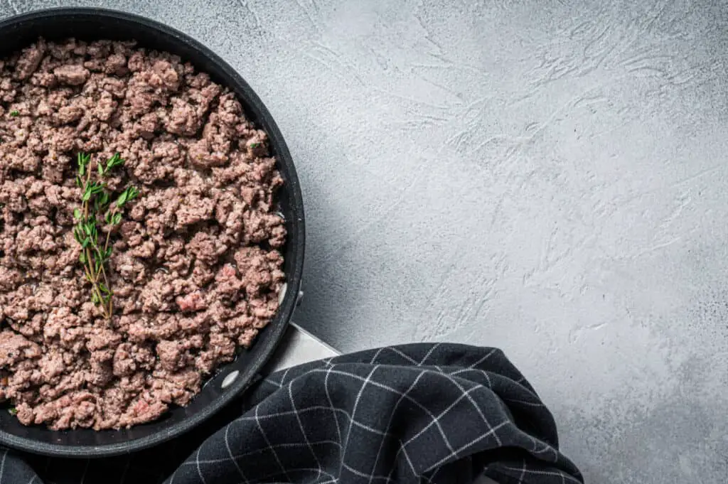 Ground beef in a skillet