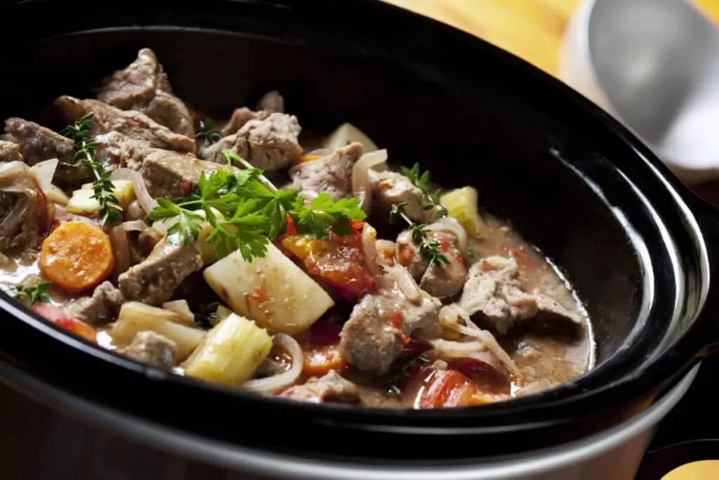 Beef stew in a slow-cooker, ready to serve