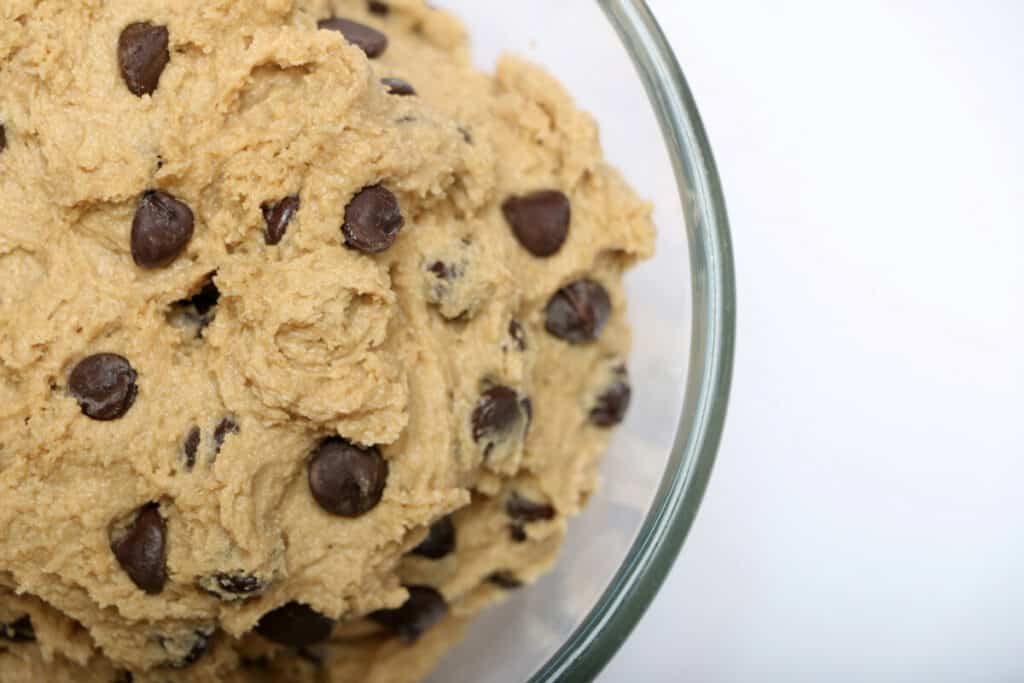 Close-up of cookie dough in a glass bowl