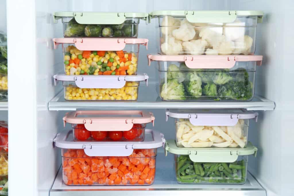 Containers with different vegetables in refrigerator