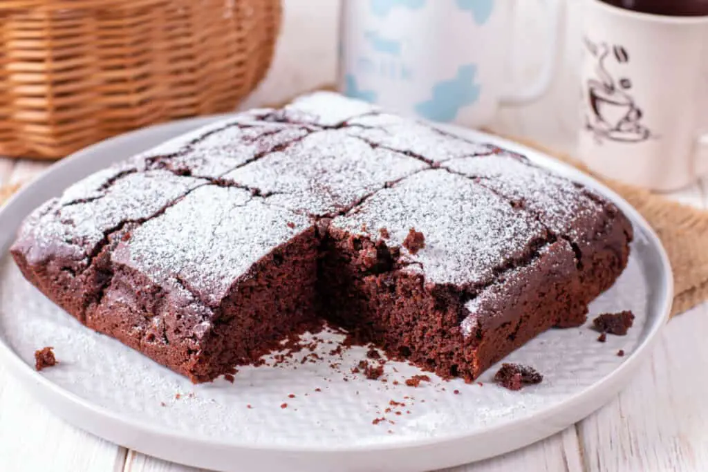 Homemade chocolate cake with icing sugar on a plate