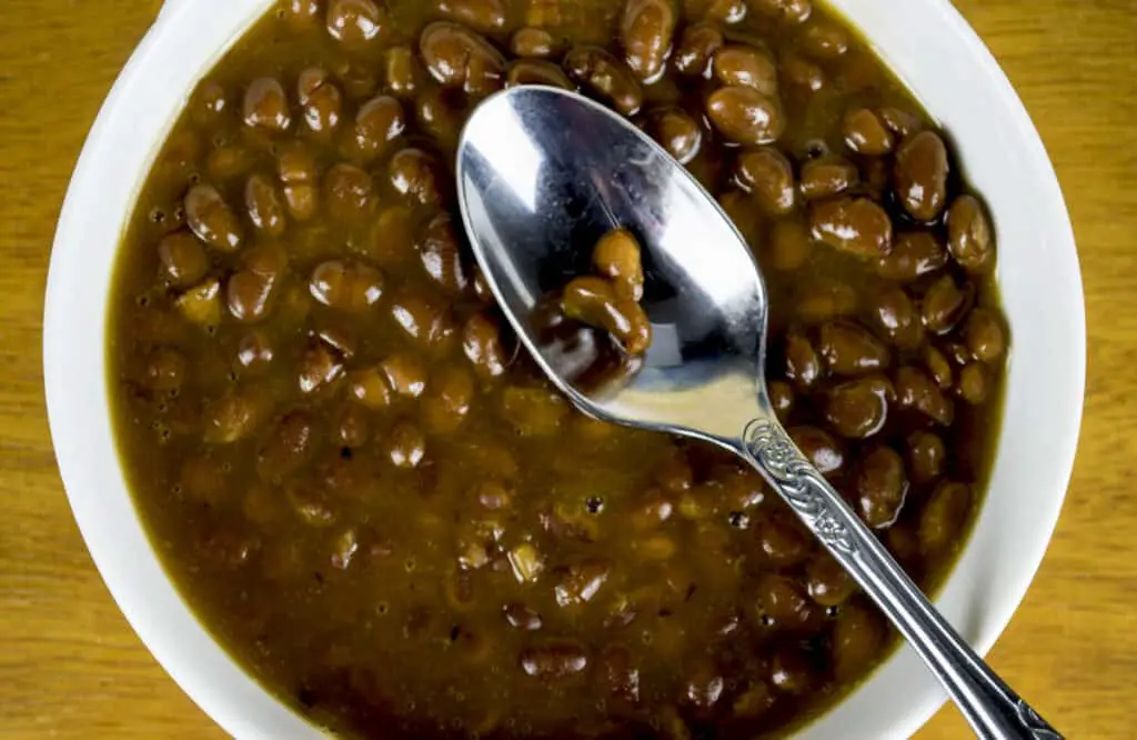 Bowl of baked beans with a spoon