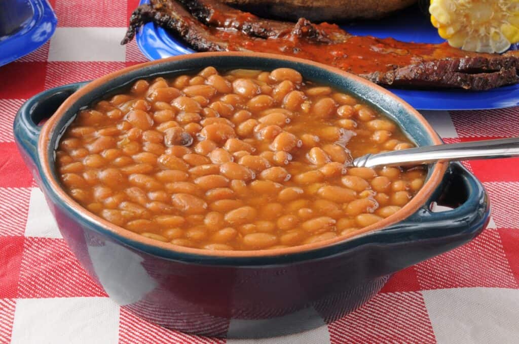 Closeup of a bowl of Boston baked beans on a picnic table