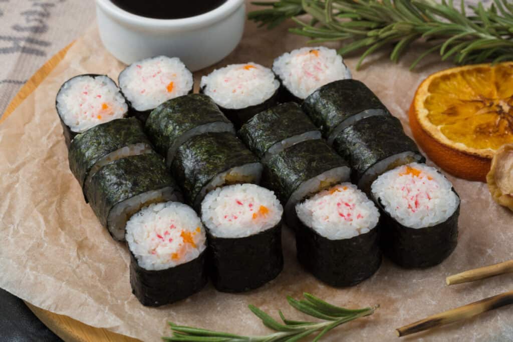 Maki rolls with tuna, salmon, shrimp, crab and avocado