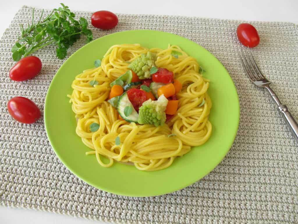 Gluten free corn pasta with vegetables.