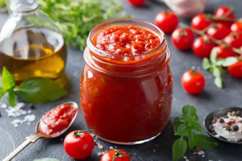 Spaghetti sauce in a mason jar with tomatoes and olive oil on a wooden table,