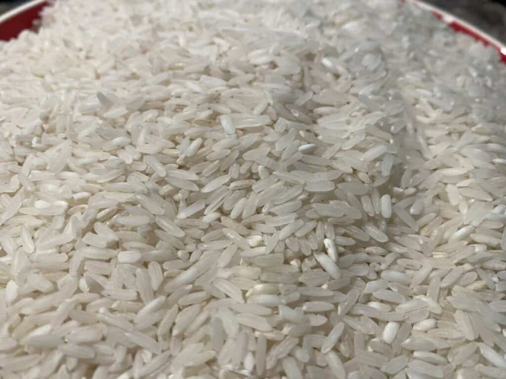 Close-up of white rice in a red and white bowl.