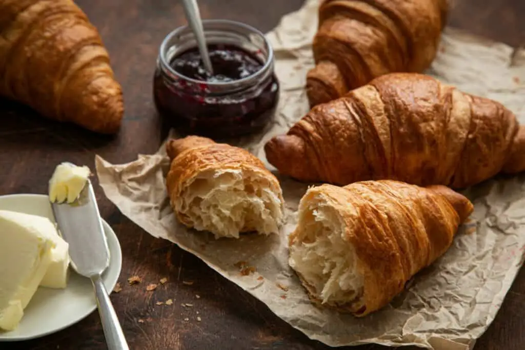 Homemade croissants with homemade jam and butter.
