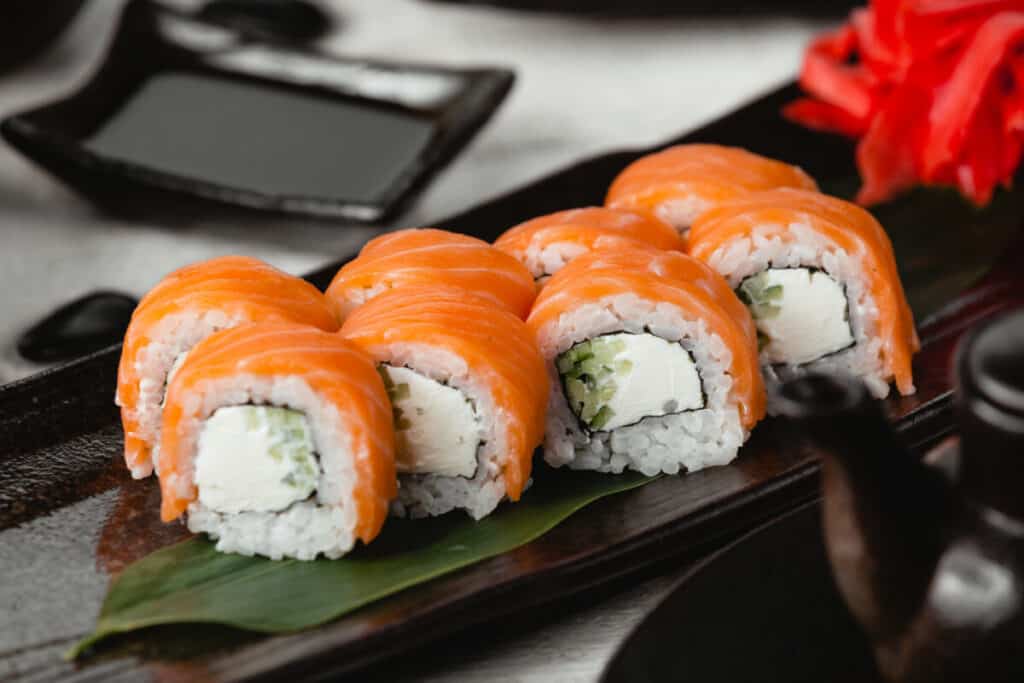 Salmon sushi with cream cheese and rice.